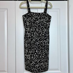 ANN TAYLOR Vintage Floral Sheath Dress Square Neck Black White Size 8P